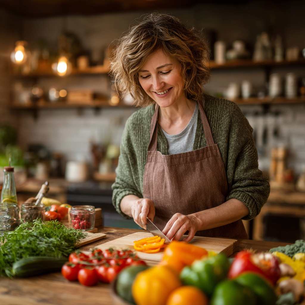 Middle-aged woman in her 40s preparing healthy vegetables in a bright modern kitchen, smiling while cutting colorful fresh produce