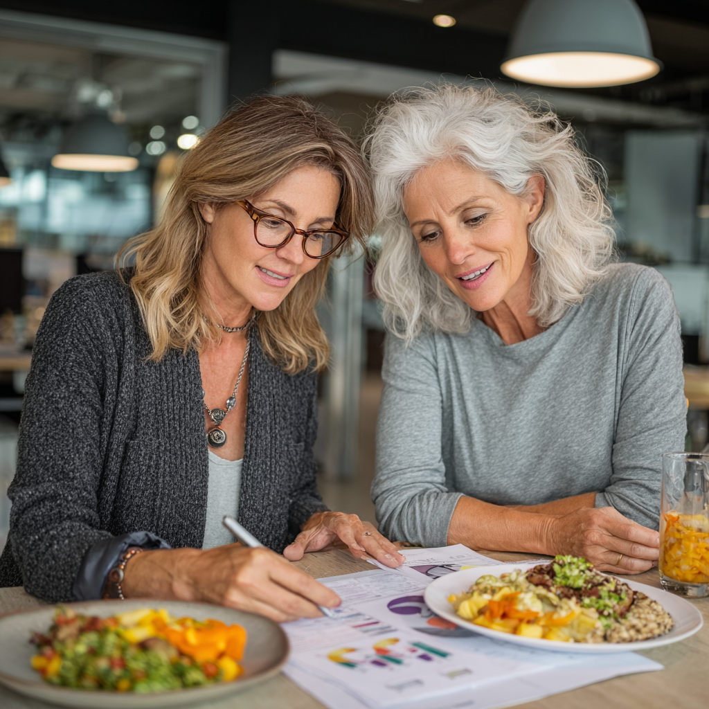 Professional nutritionist in her 50s consulting with a client, reviewing healthy meal plans and nutrition charts in a modern office setting