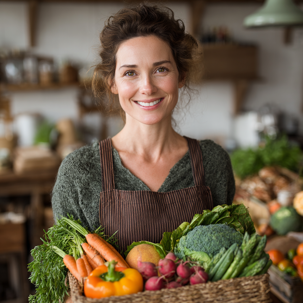 Smiling nutritionist in her 40s holding fresh vegetables and fruits, standing in a bright kitchen environment with healthy ingredients